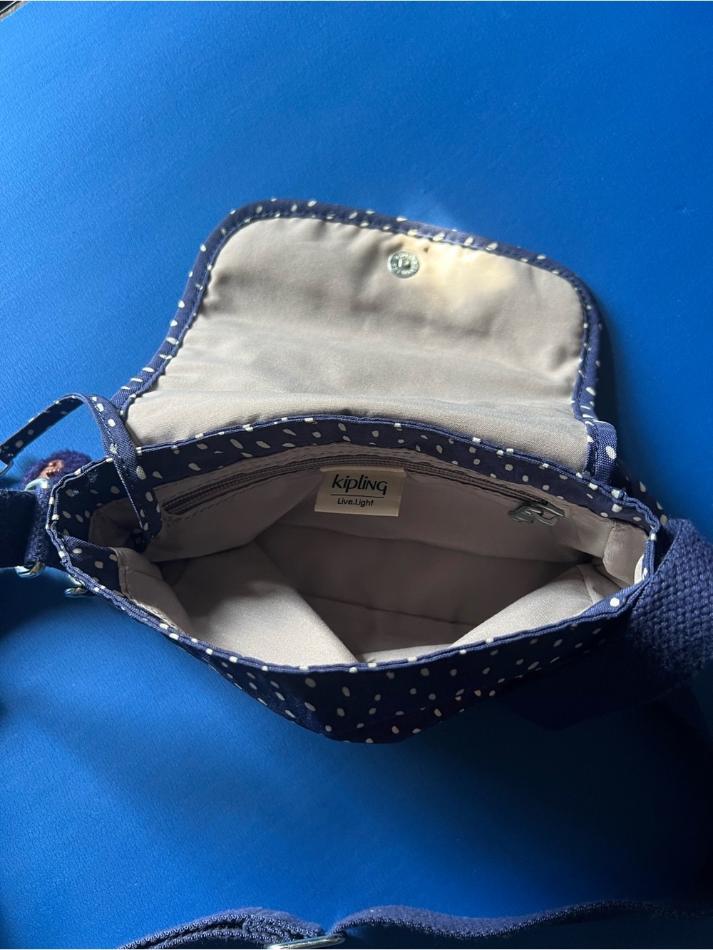 Kipling Navy Polka Dot Crossbody with Cream Trim. - Picture 6 of 11